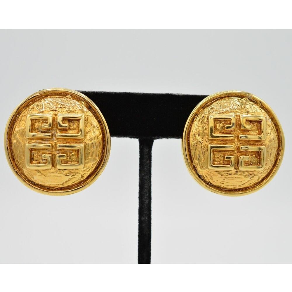 Givenchy Vintage Puffy Logo Clip On Earrings Gold 4G Chunky Parfums Signed Bin1